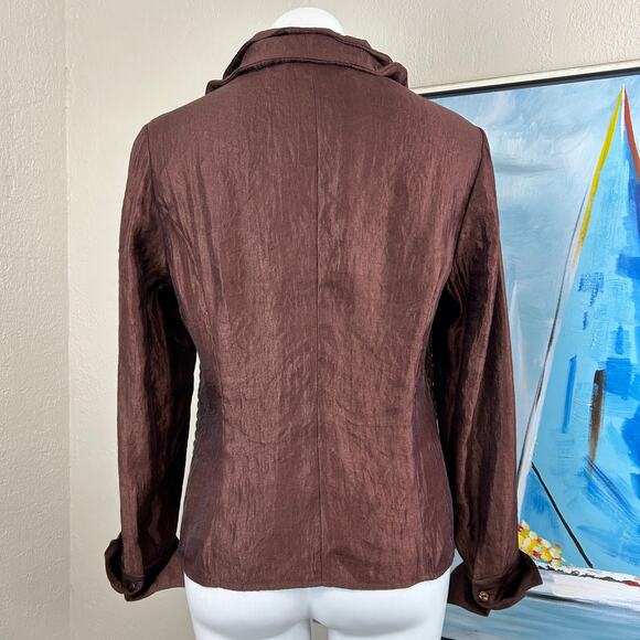 Samual Dong Blouse Brown shimmer ruffle front zip size med - Picture 3 of 4